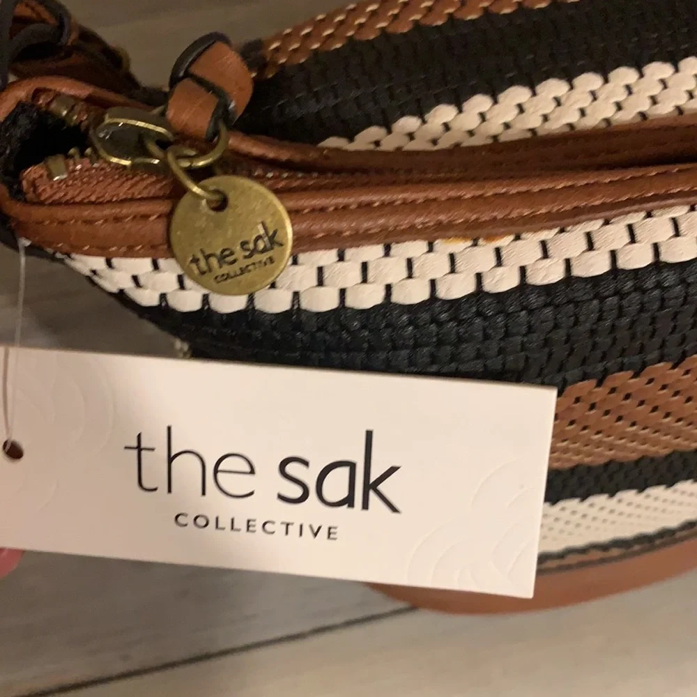 The Sak Brown Black White Striped Woven Hobo Bag
